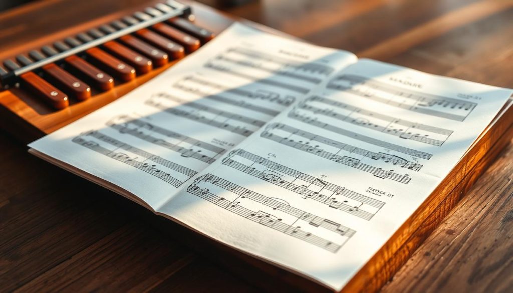 A beautifully shot still life scene depicting sheet music for a tongue drum. The partitions are arranged neatly on a wooden surface, with the instrument itself in the background, its 11 resonant wooden keys shining under warm, natural lighting. The composition is balanced and visually striking, drawing the eye to the carefully notated musical scores. The overall mood is one of calm, focused creativity - an artistic exploration of the tongue drum's versatile musical potential.