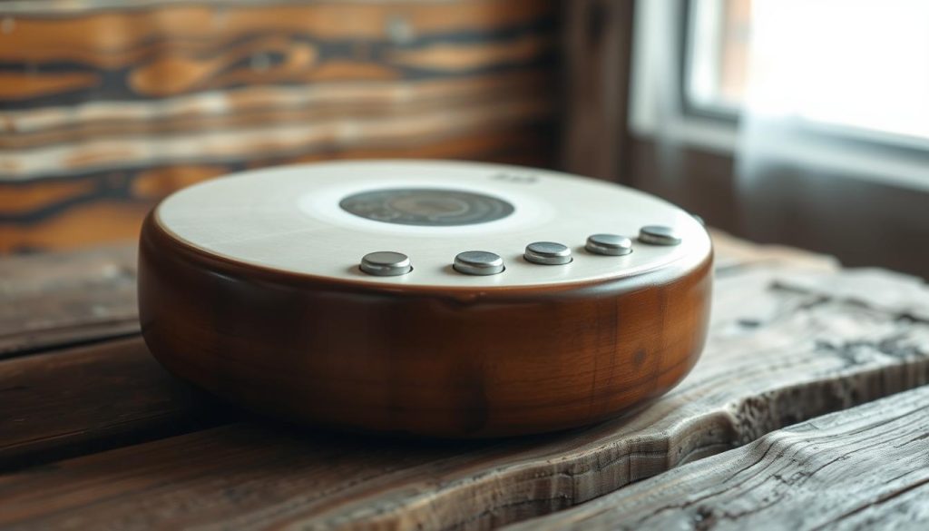 A beginner's tongue drum resting on a rustic wooden surface, its smooth, gleaming surface reflecting the soft, natural light from a window. The drum's 11 rounded tones are clearly visible, inviting the viewer to imagine the soothing, meditative melodies it can produce. The composition is balanced, with the drum occupying the middle ground, surrounded by a subtly blurred background of earthy tones and textures, creating a sense of calm and simplicity. The overall mood is one of peaceful contemplation, perfectly suited to illustrate the "Basics of the Tongue Drum" section of the article.