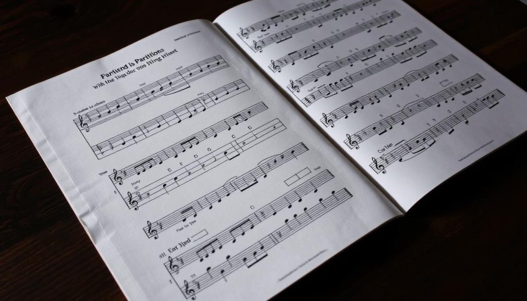 A finely detailed sheet music for a tongue drum, displayed on a dark wooden surface, illuminated by soft, diffused lighting. The partitions are clearly legible, showcasing the 11-note layout and musical notation, inviting the viewer to explore the simple yet captivating melodies that can be played on this unique percussion instrument. The overall scene exudes a sense of contemplation and musical exploration, capturing the essence of the "Les Types de Partitions pour Tongue Drum" section of the article.