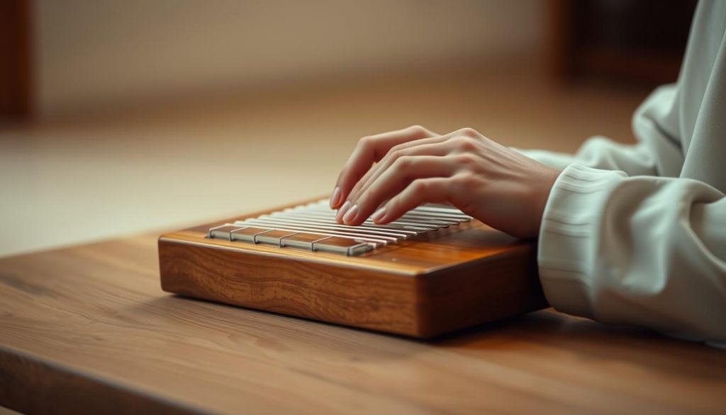 A serene scene of a person gently playing a tongue drum, their fingers delicately striking the simple, yet melodic tones. The instrument rests on a wooden surface, surrounded by a minimalist, zen-inspired environment. Soft, diffused lighting casts a warm, contemplative glow, highlighting the player's focused expression. The composition emphasizes the simplicity and tranquility of the moment, inviting the viewer to experience the soothing, calming nature of these basic musical phrases. The overall atmosphere conveys a sense of quiet introspection and the joy of creating uncomplicated, yet harmonious melodies.