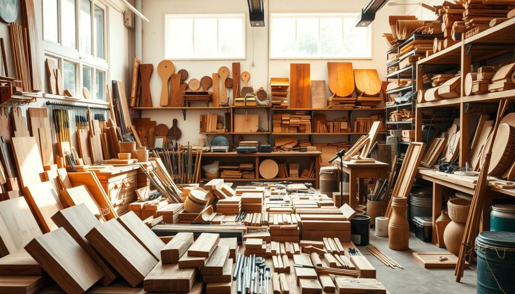 A well-lit atelier filled with a diverse array of materials used in the creation of tongue drums. In the foreground, an assortment of wood blocks, resonating chambers, and tuning forks. In the middle ground, a selection of tools such as chisels, sandpaper, and finishing supplies. The background showcases shelves laden with exotic hardwoods, bamboo, and other raw materials, all bathed in a warm, natural light that filters in through large windows. The overall atmosphere is one of creativity, craftsmanship, and the harmonious integration of natural elements into musical instruments.
