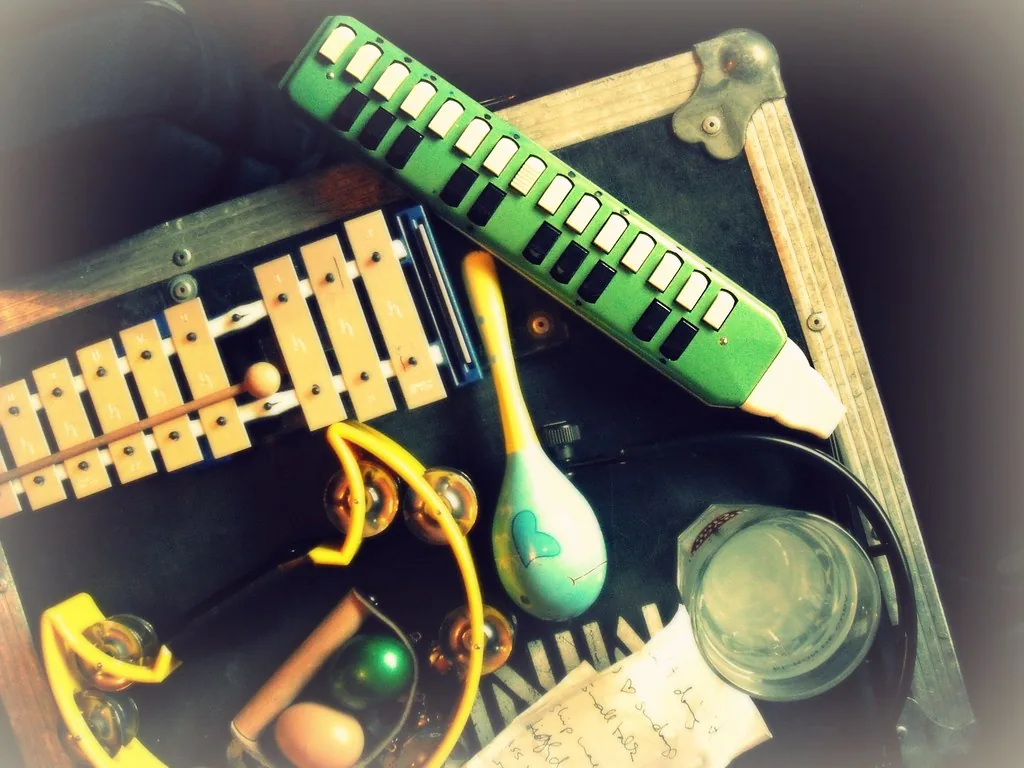 Green melodica among musical instruments Green melodica among musical instruments
