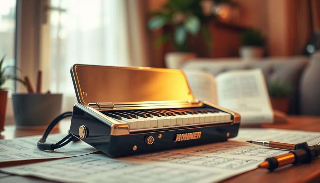 A beautifully arranged Hohner Student 32 mélodica, showcasing its shiny exterior and distinctive features, centrally positioned in the foreground. The instrument should be open, revealing the keys and mouthpiece, glinting softly under warm, diffused lighting. Surrounding it, a few scattered sheet music pages hint at a musical setting, with a blurred background of a cozy room adorned with soft wooden textures and plants, creating an inviting atmosphere. The focus should be sharp on the melodica, employing a shallow depth of field to slightly blur the background, adding depth to the scene. Overall, the image should convey a sense of warmth and creativity, appealing to music enthusiasts.