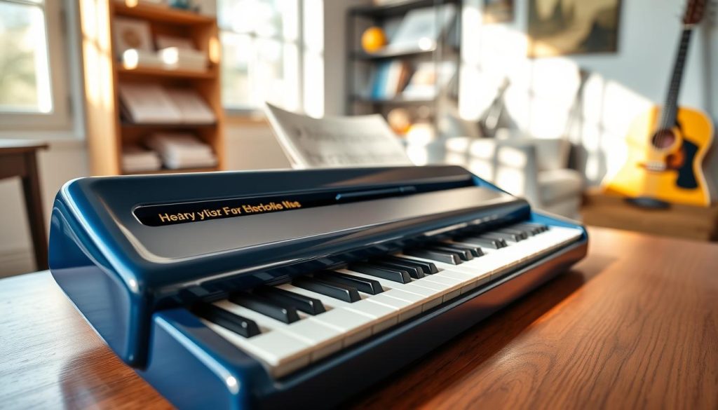 A beautifully arranged intermediate-level melodica, resting on a polished wooden table. The melodica features a sleek, elegant design with a deep blue body and crisp white keys, reflecting soft natural light streaming in from a nearby window. In the foreground, focus on the intricate details of the keys and the iconic mouthpiece. The middle section showcases a vibrant music score partially visible, hinting at the melodica's potential. The background is softly blurred, with hints of a cozy music studio, including shelves filled with sheet music and a tasteful guitar. The atmosphere is warm and inviting, evoking a sense of creativity and inspiration for both beginners and seasoned musicians. The image captures a moment of musical exploration in a professional setting.