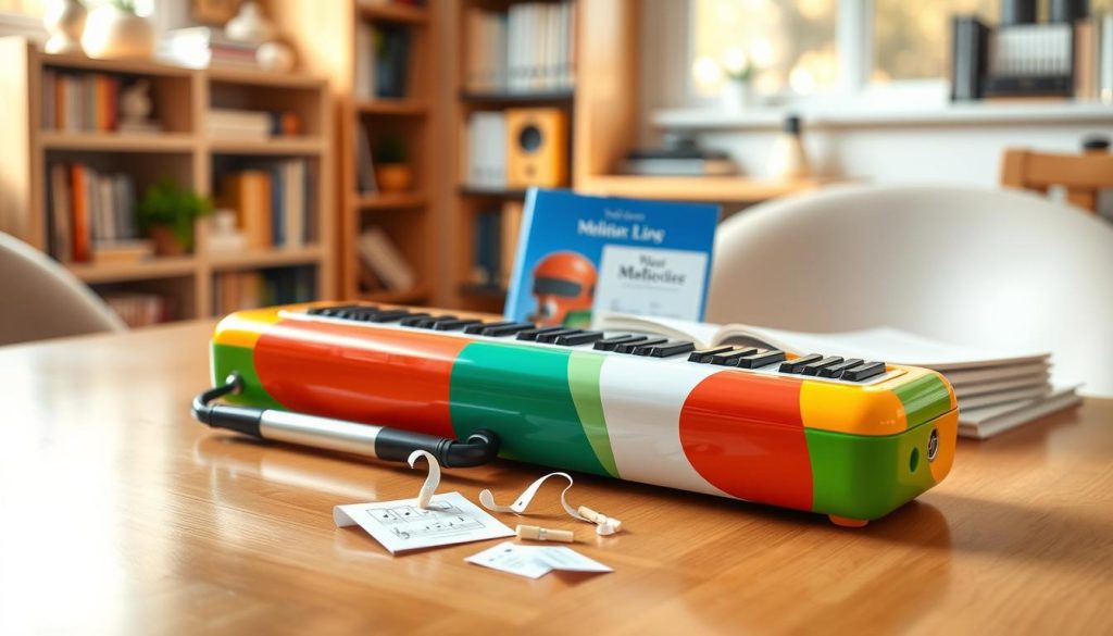 A bright and inviting image of a melodica prominently placed in the foreground, showcasing its colorful body with an eye-catching design. The melodica should be open, displaying its keys clearly, and placed on a polished wooden table that reflects its glossy surface. In the middle ground, include a few beginner music books and a set of small music notes scattered around to emphasize the learning aspect. In the background, softly blurred, hint at a cozy room setting with warm lighting, perhaps with a bookshelf filled with musical instruments and a window letting in natural light. The overall mood should be cheerful and inspiring, inviting new musicians to explore the world of music.