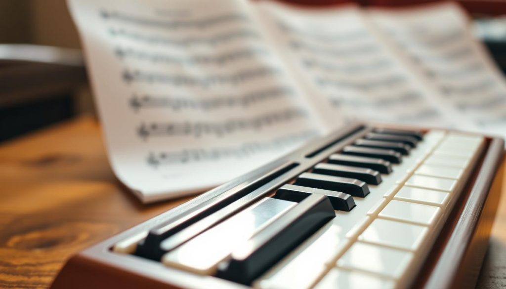 A close-up view of a melodica placed on a wooden table, highlighting its sleek design and keys. In the foreground, soft, natural lighting enhances the shine of the instrument, emphasizing its quality craftsmanship. The middle layer features a blurred background of sheet music, indicating creativity and the joy of playing. The setting is cozy and inviting, with warm tones to evoke a sense of inspiration and affordability. The image captures the essence of sound quality through visual elements, showcasing the melodica as an instrument that blends elegance with budget-friendly choices. The angle is slightly tilted to create a dynamic perspective, inviting the viewer to explore the world of music. A close-up view of a melodica placed on a wooden table, highlighting its sleek design and keys. In the foreground, soft, natural lighting enhances the shine of the instrument, emphasizing its quality craftsmanship. The middle layer features a blurred background of sheet music, indicating creativity and the joy of playing. The setting is cozy and inviting, with warm tones to evoke a sense of inspiration and affordability. The image captures the essence of sound quality through visual elements, showcasing the melodica as an instrument that blends elegance with budget-friendly choices. The angle is slightly tilted to create a dynamic perspective, inviting the viewer to explore the world of music.