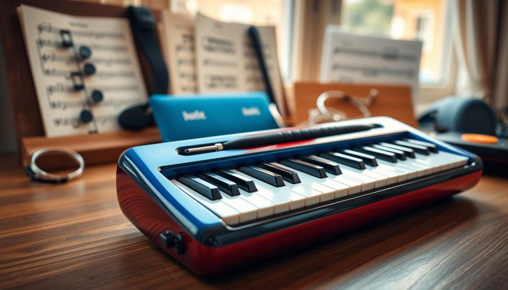 A close-up view of a melodica, showcasing its sleek, glossy body in vibrant colors like deep blue or bright red, placed on a wooden tabletop. The melodica's keyboard should be clearly visible, with pristine white keys and black accents, highlighting its intricate details. In the background, softly blurred musical sheets and a tasteful display of branded music accessories emphasize the significance of quality and brand recognition in the music industry. Warm, natural lighting flows in from a nearby window, casting gentle shadows and creating a welcoming atmosphere. The composition focuses on the melodica, conveying a sense of professionalism and artistry in music, ideal for discerning musicians seeking quality instruments.