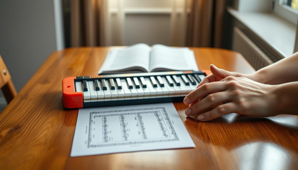 A melodica laid carefully on a polished wooden table, showcasing its vibrant colors and intricate keyboard. In the foreground, a pair of clean, well-tended hands gently holding the instrument, demonstrating proper care and playing technique. The middle ground features sheet music with clear notation, emphasizing the fusion of maintenance and artistry. In the background, soft, diffused natural light filters through a nearby window, casting a warm glow that creates a serene atmosphere, inviting viewers into the world of music. The overall mood is calm and educational, capturing the essence of caring for a melodica while playing it, with a focus on craftsmanship and accessibility for beginners. No text or watermarks present. A melodica laid carefully on a polished wooden table, showcasing its vibrant colors and intricate keyboard. In the foreground, a pair of clean, well-tended hands gently holding the instrument, demonstrating proper care and playing technique. The middle ground features sheet music with clear notation, emphasizing the fusion of maintenance and artistry. In the background, soft, diffused natural light filters through a nearby window, casting a warm glow that creates a serene atmosphere, inviting viewers into the world of music. The overall mood is calm and educational, capturing the essence of caring for a melodica while playing it, with a focus on craftsmanship and accessibility for beginners. No text or watermarks present.