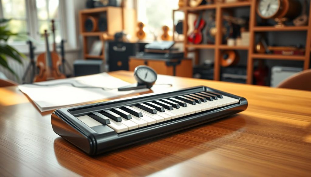 A professional melodica resting on a polished wooden table, showcasing its sleek, high-quality design with a shiny black finish and silver keys. In the foreground, the melodica is positioned at an angle to highlight its mouthpiece and keys. In the middle ground, a soft-focus sheet of music and a metronome subtly suggest a musical environment. The background features blurry shelves filled with various musical instruments, creating a rich, inviting atmosphere. Natural light streams through a nearby window, casting gentle shadows and creating a warm, inspiring mood. The scene emphasizes technical quality, with sharp details on the melodica's craftsmanship, all presented in a bright, airy space that conveys professionalism and creativity. A professional melodica resting on a polished wooden table, showcasing its sleek, high-quality design with a shiny black finish and silver keys. In the foreground, the melodica is positioned at an angle to highlight its mouthpiece and keys. In the middle ground, a soft-focus sheet of music and a metronome subtly suggest a musical environment. The background features blurry shelves filled with various musical instruments, creating a rich, inviting atmosphere. Natural light streams through a nearby window, casting gentle shadows and creating a warm, inspiring mood. The scene emphasizes technical quality, with sharp details on the melodica's craftsmanship, all presented in a bright, airy space that conveys professionalism and creativity.