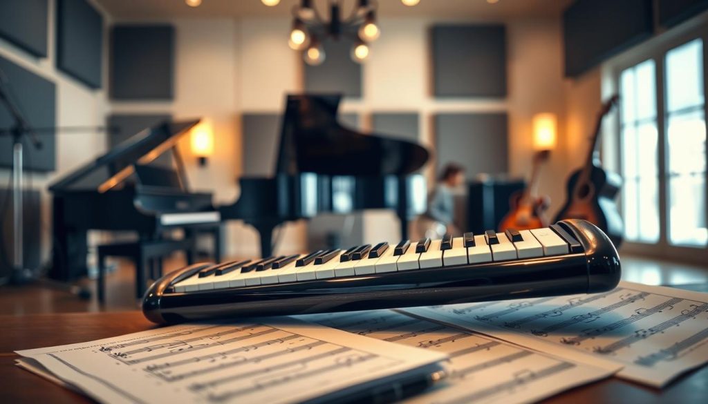 A sleek, high-end melodica prominently displayed in the foreground, showcasing its glossy finish and exquisite craftsmanship. The instrument is surrounded by beautifully arranged sheet music, emphasizing its professional use. In the middle ground, a blurred view of a light-filled studio, with elegant musical instruments like a grand piano and guitar subtly visible, hinting at a sophisticated musical environment. Soft, warm lighting casts gentle shadows, creating an inviting atmosphere that enhances the image's elegance. The background includes soundproof walls adorned with acoustic panels, reflecting the serious nature of quality sound production. A shallow depth of field focuses on the melodica, drawing attention to its intricate details and inspiring a mood of creativity and professionalism in music. A sleek, high-end melodica prominently displayed in the foreground, showcasing its glossy finish and exquisite craftsmanship. The instrument is surrounded by beautifully arranged sheet music, emphasizing its professional use. In the middle ground, a blurred view of a light-filled studio, with elegant musical instruments like a grand piano and guitar subtly visible, hinting at a sophisticated musical environment. Soft, warm lighting casts gentle shadows, creating an inviting atmosphere that enhances the image's elegance. The background includes soundproof walls adorned with acoustic panels, reflecting the serious nature of quality sound production. A shallow depth of field focuses on the melodica, drawing attention to its intricate details and inspiring a mood of creativity and professionalism in music.
