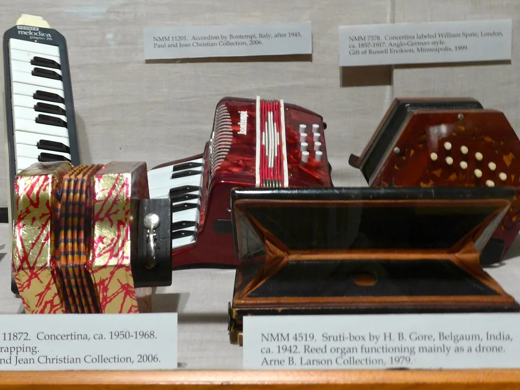 Vintage melodicas and accordions on display Vintage melodicas and accordions on display