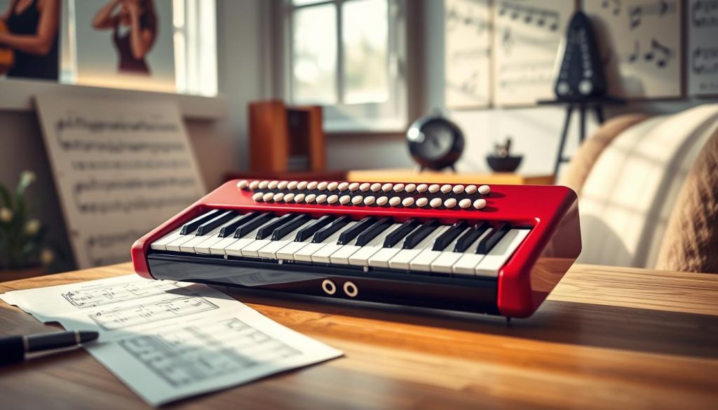 A beautifully arranged melodica with 32 keys, set prominently in the foreground. The instrument features a sleek, glossy finish and vibrant colors, showcasing the keys in sharp detail. Soft, diffused natural light emanates from a nearby window, casting gentle shadows that enhance the texture of the melodica. In the middle ground, a wooden table adds warmth, with sheet music scattered around, hinting at creative use. The background is softly blurred, featuring a cozy practice room with musical notes on the walls and a stylish metronome, creating a thoughtful and inviting atmosphere. The overall mood is one of inspiration and creativity, perfect for music enthusiasts exploring the melodica's potential. A beautifully arranged melodica with 32 keys, set prominently in the foreground. The instrument features a sleek, glossy finish and vibrant colors, showcasing the keys in sharp detail. Soft, diffused natural light emanates from a nearby window, casting gentle shadows that enhance the texture of the melodica. In the middle ground, a wooden table adds warmth, with sheet music scattered around, hinting at creative use. The background is softly blurred, featuring a cozy practice room with musical notes on the walls and a stylish metronome, creating a thoughtful and inviting atmosphere. The overall mood is one of inspiration and creativity, perfect for music enthusiasts exploring the melodica's potential.