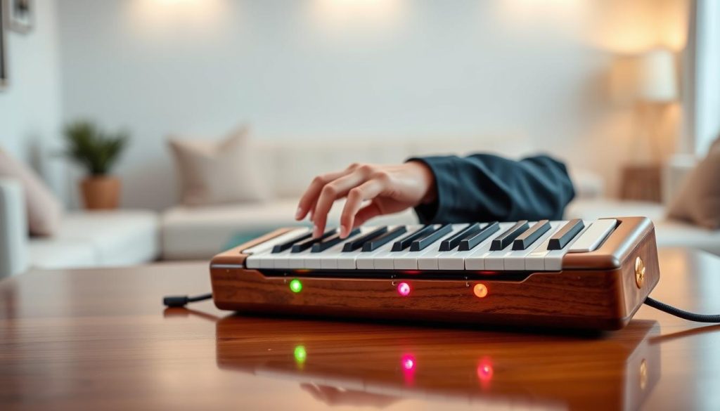 A beautifully arranged melodica with 37 keys, set on a polished wooden surface that reflects soft ambient light. In the foreground, the melodica's keys glisten, showcasing their vibrant colors. In the middle, a hand in a professional outfit gently plays the instrument, illustrating its accessibility for both beginners and seasoned musicians. The background features a blurred, modern room with soft, warm lighting, suggesting a cozy yet sophisticated atmosphere. The focus is on the melodica, highlighting its quality craftsmanship and design. The overall mood is inviting and harmonious, emphasizing the balance of quality and price in mid-range musical instruments. A beautifully arranged melodica with 37 keys, set on a polished wooden surface that reflects soft ambient light. In the foreground, the melodica's keys glisten, showcasing their vibrant colors. In the middle, a hand in a professional outfit gently plays the instrument, illustrating its accessibility for both beginners and seasoned musicians. The background features a blurred, modern room with soft, warm lighting, suggesting a cozy yet sophisticated atmosphere. The focus is on the melodica, highlighting its quality craftsmanship and design. The overall mood is inviting and harmonious, emphasizing the balance of quality and price in mid-range musical instruments.