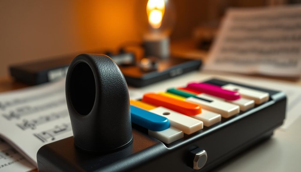 A close-up view of a mélodica embouchure design, showcasing its intricate structure. The foreground features the mouthpiece in detailed focus, highlighting the soft rubber material and the mechanics of airflow. In the middle ground, several organized keys of the mélodica, each with a vibrant color, are visible—emphasizing their unique arrangement and playability. The background captures a soft, blurred ambiance of a musician's workspace, with subtle hints of sheet music and a dimly lit lamp, creating a warm and inviting atmosphere. The lighting is soft and diffuse, enhancing the textures of the instrument while lending a professional quality. The image should evoke a sense of musical creativity and design sophistication, illustrating the mélodica's advantages and potential considerations. A close-up view of a mélodica embouchure design, showcasing its intricate structure. The foreground features the mouthpiece in detailed focus, highlighting the soft rubber material and the mechanics of airflow. In the middle ground, several organized keys of the mélodica, each with a vibrant color, are visible—emphasizing their unique arrangement and playability. The background captures a soft, blurred ambiance of a musician's workspace, with subtle hints of sheet music and a dimly lit lamp, creating a warm and inviting atmosphere. The lighting is soft and diffuse, enhancing the textures of the instrument while lending a professional quality. The image should evoke a sense of musical creativity and design sophistication, illustrating the mélodica's advantages and potential considerations.