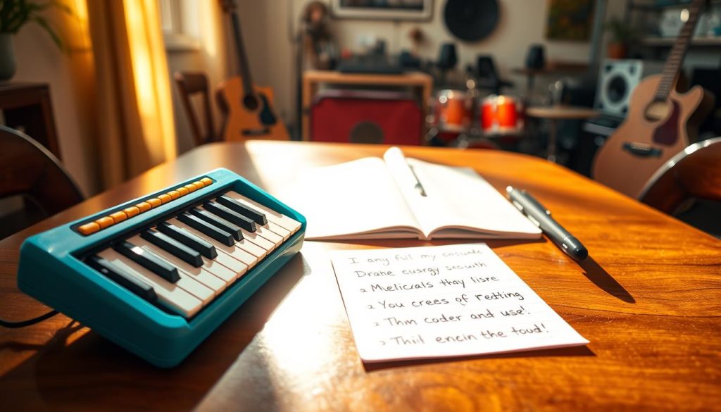 A close-up view of an entry-level melodica with 37 keys, showcasing its sleek design and vibrant colors. The melodica is positioned prominently in the foreground, resting on a polished wooden table, with sunlight streaming in from a nearby window, creating a warm and inviting atmosphere. In the middle ground, a set of sheet music and a notebook with handwritten notes about melodicas provide context, emphasizing its educational use. The background features a softly blurred home music studio with musical instruments and accessories, enhancing the creative setting. The overall mood is inspiring and encouraging, highlighting accessibility and affordability in music learning. Use natural lighting to illuminate the scene, focusing on the melodica's details and textures. A close-up view of an entry-level melodica with 37 keys, showcasing its sleek design and vibrant colors. The melodica is positioned prominently in the foreground, resting on a polished wooden table, with sunlight streaming in from a nearby window, creating a warm and inviting atmosphere. In the middle ground, a set of sheet music and a notebook with handwritten notes about melodicas provide context, emphasizing its educational use. The background features a softly blurred home music studio with musical instruments and accessories, enhancing the creative setting. The overall mood is inspiring and encouraging, highlighting accessibility and affordability in music learning. Use natural lighting to illuminate the scene, focusing on the melodica's details and textures.
