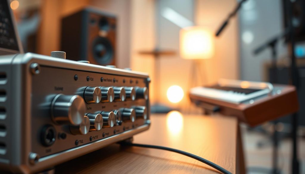 A sophisticated micro amplification instrument, elegantly designed with a sleek metallic finish and intricate components. In the foreground, showcase the instrument's control panel featuring high-quality knobs and sliders, reflecting precision engineering. The middle ground captures the instrument in action, connected to a melodica, with sound waves visually emanating, symbolizing sound amplification. The background is softly blurred, with hints of a modern music studio setting, illuminated by warm, ambient lighting that creates a welcoming atmosphere. A shallow depth of field emphasizes the instrument while maintaining a professional and polished look. The overall mood reflects innovation and excellence in musical performance, appealing to experienced musicians seeking high-end equipment. A sophisticated micro amplification instrument, elegantly designed with a sleek metallic finish and intricate components. In the foreground, showcase the instrument's control panel featuring high-quality knobs and sliders, reflecting precision engineering. The middle ground captures the instrument in action, connected to a melodica, with sound waves visually emanating, symbolizing sound amplification. The background is softly blurred, with hints of a modern music studio setting, illuminated by warm, ambient lighting that creates a welcoming atmosphere. A shallow depth of field emphasizes the instrument while maintaining a professional and polished look. The overall mood reflects innovation and excellence in musical performance, appealing to experienced musicians seeking high-end equipment.