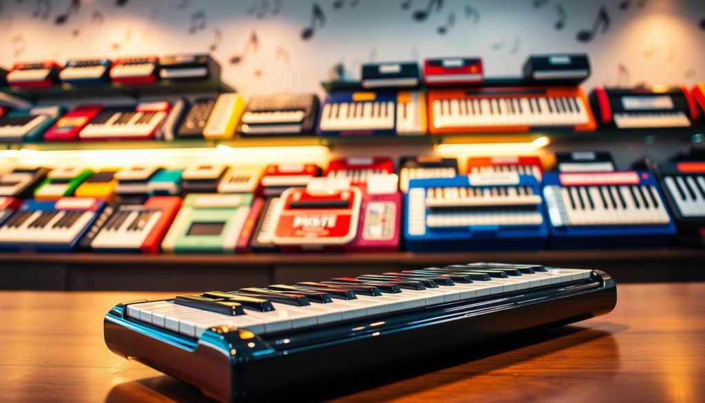 A vibrant display of melodicas in a well-lit music shop, showcasing various models with 32 and 37 keys. In the foreground, a sleek, black melodica rests on a polished wooden counter, its shiny keys glistening under warm, ambient light. In the middle ground, a selection of colorful melodicas in different brands are elegantly arranged on shelves, highlighting their unique designs and features. The background features soft-focus music notes artistically scattered, creating a lively atmosphere. The lighting is soft yet bright, emphasizing the instruments while casting gentle shadows. The scene conveys a sense of musical inspiration and choice, inviting viewers to explore the world of melodicas. A vibrant display of melodicas in a well-lit music shop, showcasing various models with 32 and 37 keys. In the foreground, a sleek, black melodica rests on a polished wooden counter, its shiny keys glistening under warm, ambient light. In the middle ground, a selection of colorful melodicas in different brands are elegantly arranged on shelves, highlighting their unique designs and features. The background features soft-focus music notes artistically scattered, creating a lively atmosphere. The lighting is soft yet bright, emphasizing the instruments while casting gentle shadows. The scene conveys a sense of musical inspiration and choice, inviting viewers to explore the world of melodicas.