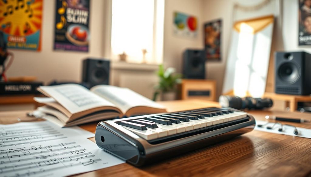 By a well-lit music studio setup, a beautiful melodica rests prominently on a wooden table. The melodica features a sleek design with either 32 or 37 keys, showcasing its portability. In the foreground, soft natural light highlights the instrument's glossy surface and delicate keys. Surrounding the melodica, you can see sheet music, an instructional book open to a page about techniques, and a few scattered music notes. In the background, colorful musical posters adorn the walls, enhancing the creative atmosphere. The image captures a warm, inviting mood, suggesting an environment perfect for music learning and exploration. A shallow depth of field adds focus to the melodica, making it the central element of the composition. By a well-lit music studio setup, a beautiful melodica rests prominently on a wooden table. The melodica features a sleek design with either 32 or 37 keys, showcasing its portability. In the foreground, soft natural light highlights the instrument's glossy surface and delicate keys. Surrounding the melodica, you can see sheet music, an instructional book open to a page about techniques, and a few scattered music notes. In the background, colorful musical posters adorn the walls, enhancing the creative atmosphere. The image captures a warm, inviting mood, suggesting an environment perfect for music learning and exploration. A shallow depth of field adds focus to the melodica, making it the central element of the composition.