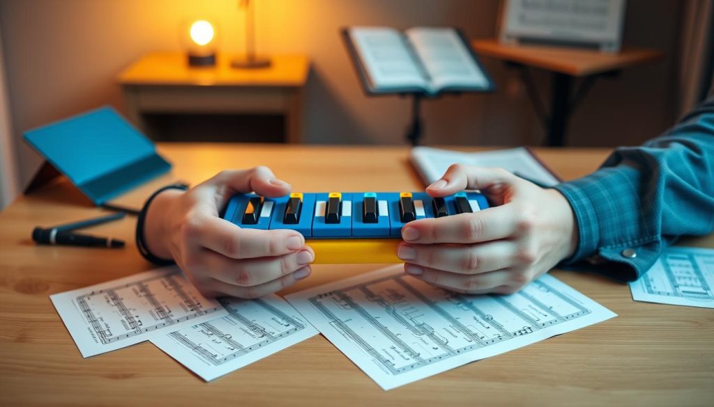 A beautifully arranged melodica, showcasing 32 keys, placed centrally on a simple wooden table. The melodica is brightly colored, with vibrant hues of blue and yellow, reflecting an inviting and playful aesthetic. In the foreground, a pair of hands, dressed in smart casual attire, gently hold the instrument, indicating its user-friendly design. The middle ground features sheet music scattered about, hinting at a creative environment for beginners and experienced musicians alike. The background is softly blurred, with a warm, ambient light bathing the scene, creating a calm and focused atmosphere. A subtle hint of a music stand and notebook can be seen in the backdrop, reinforcing the theme of musical practice and learning. A beautifully arranged melodica, showcasing 32 keys, placed centrally on a simple wooden table. The melodica is brightly colored, with vibrant hues of blue and yellow, reflecting an inviting and playful aesthetic. In the foreground, a pair of hands, dressed in smart casual attire, gently hold the instrument, indicating its user-friendly design. The middle ground features sheet music scattered about, hinting at a creative environment for beginners and experienced musicians alike. The background is softly blurred, with a warm, ambient light bathing the scene, creating a calm and focused atmosphere. A subtle hint of a music stand and notebook can be seen in the backdrop, reinforcing the theme of musical practice and learning.