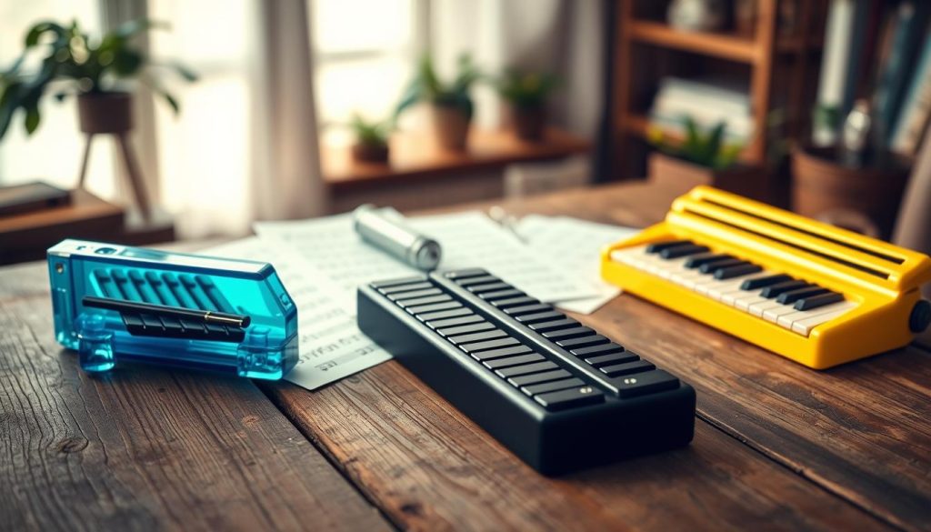 A beautifully arranged scene featuring a variety of melodicas on a rustic wooden table. In the foreground, highlight three distinct types of melodicas: one in vibrant blue with a transparent casing, another in classic black with a matte finish, and a third in a bright yellow with a glossy surface. In the middle ground, add sheet music scattered around, suggesting musical practice. The background should be softly blurred, hinting at a cozy, warmly lit room filled with musical notes and a few decorative plants. Use soft, diffused lighting to create an inviting atmosphere, capturing a sense of creativity and learning. The overall mood should evoke inspiration and exploration in music. A beautifully arranged scene featuring a variety of melodicas on a rustic wooden table. In the foreground, highlight three distinct types of melodicas: one in vibrant blue with a transparent casing, another in classic black with a matte finish, and a third in a bright yellow with a glossy surface. In the middle ground, add sheet music scattered around, suggesting musical practice. The background should be softly blurred, hinting at a cozy, warmly lit room filled with musical notes and a few decorative plants. Use soft, diffused lighting to create an inviting atmosphere, capturing a sense of creativity and learning. The overall mood should evoke inspiration and exploration in music.