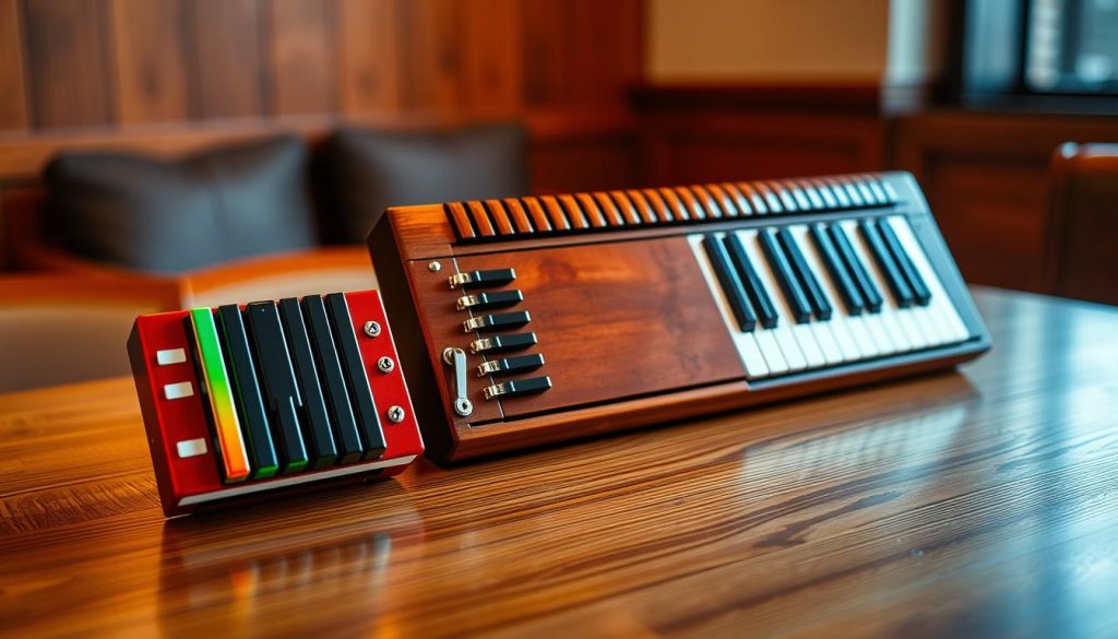 A beautifully arranged scene featuring three distinct melodicas: a soprano, an alto, and a bass, displayed on a polished wooden table. The soprano melodica, smaller and colorful, is on the left, reflecting vibrant hues. Next to it, the alto melodica is mid-sized with a rich, deep color. On the right, the larger bass melodica showcases a more muted tone. Each instrument displays its keys clearly. The background is softly blurred to keep focus on the melodicas, with warm, ambient lighting enhancing the wooden texture of the table. The atmosphere is inviting and musical, capturing the essence of these unique instruments. A beautifully arranged scene featuring three distinct melodicas: a soprano, an alto, and a bass, displayed on a polished wooden table. The soprano melodica, smaller and colorful, is on the left, reflecting vibrant hues. Next to it, the alto melodica is mid-sized with a rich, deep color. On the right, the larger bass melodica showcases a more muted tone. Each instrument displays its keys clearly. The background is softly blurred to keep focus on the melodicas, with warm, ambient lighting enhancing the wooden texture of the table. The atmosphere is inviting and musical, capturing the essence of these unique instruments.