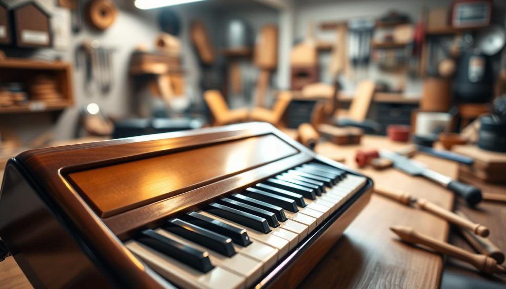 A beautifully crafted melodica, showcasing 32 and 37 keys, prominently positioned in the foreground, with a focus on its high-quality construction. The instrument's keys gleam under soft, warm lighting that highlights its polished surface and intricate details. In the middle ground, subtle elements of the manufacturing process, such as wooden or metal components, lay scattered, emphasizing craftsmanship. In the background, a blurred workshop setting filled with tools and soft light adds depth and context. The atmosphere is serene and inspirational, suggesting a harmonious blend of music and artistry. Capture this moment through a shallow depth of field, enhancing the melodica while softly blurring the background, inviting the viewer to appreciate both its beauty and craftsmanship. A beautifully crafted melodica, showcasing 32 and 37 keys, prominently positioned in the foreground, with a focus on its high-quality construction. The instrument's keys gleam under soft, warm lighting that highlights its polished surface and intricate details. In the middle ground, subtle elements of the manufacturing process, such as wooden or metal components, lay scattered, emphasizing craftsmanship. In the background, a blurred workshop setting filled with tools and soft light adds depth and context. The atmosphere is serene and inspirational, suggesting a harmonious blend of music and artistry. Capture this moment through a shallow depth of field, enhancing the melodica while softly blurring the background, inviting the viewer to appreciate both its beauty and craftsmanship.