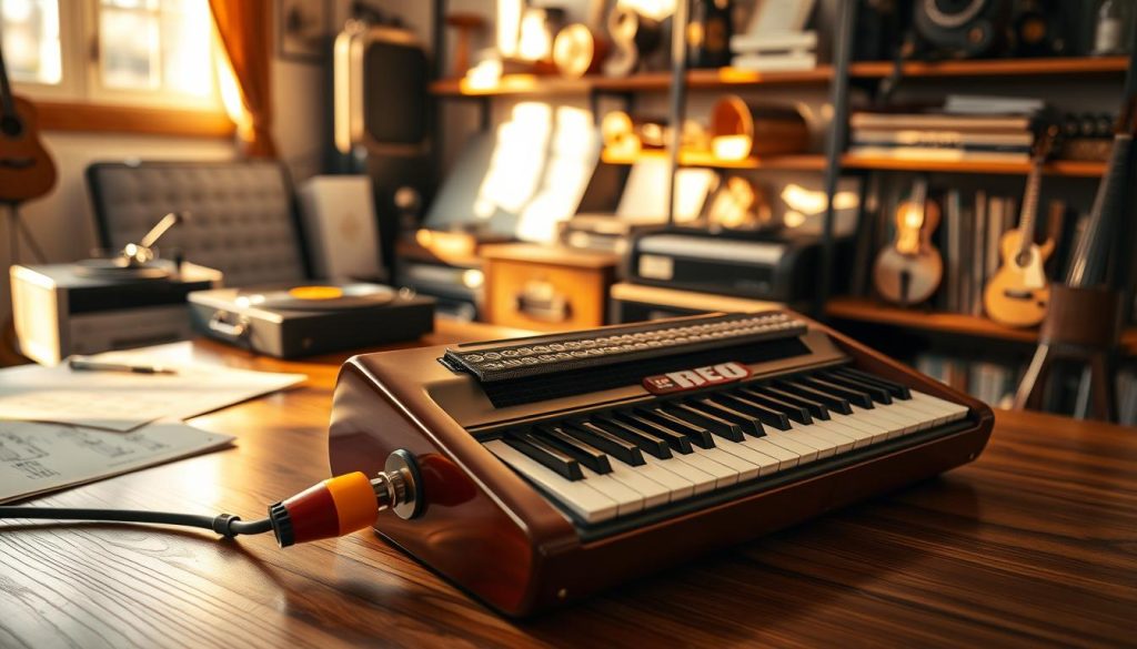 A beautifully designed melodica resting elegantly on a polished wooden table, capturing the intricate details of its keys and the soft sheen of its body. The foreground showcases the melodica with a slight angle, emphasizing its colorful, mouthpiece attachment and the keyboard illuminated by warm, inviting light. In the middle ground, a vinyl record player and music sheets scattered around hint at a musical atmosphere, while in the background, shelves lined with various musical instruments create depth. Soft golden light streams through a nearby window, casting gentle shadows, evoking a nostalgic, creative vibe. The overall mood is serene and inspiring, inviting viewers to explore the melodica's rich history and unique charm. A beautifully designed melodica resting elegantly on a polished wooden table, capturing the intricate details of its keys and the soft sheen of its body. The foreground showcases the melodica with a slight angle, emphasizing its colorful, mouthpiece attachment and the keyboard illuminated by warm, inviting light. In the middle ground, a vinyl record player and music sheets scattered around hint at a musical atmosphere, while in the background, shelves lined with various musical instruments create depth. Soft golden light streams through a nearby window, casting gentle shadows, evoking a nostalgic, creative vibe. The overall mood is serene and inspiring, inviting viewers to explore the melodica's rich history and unique charm.