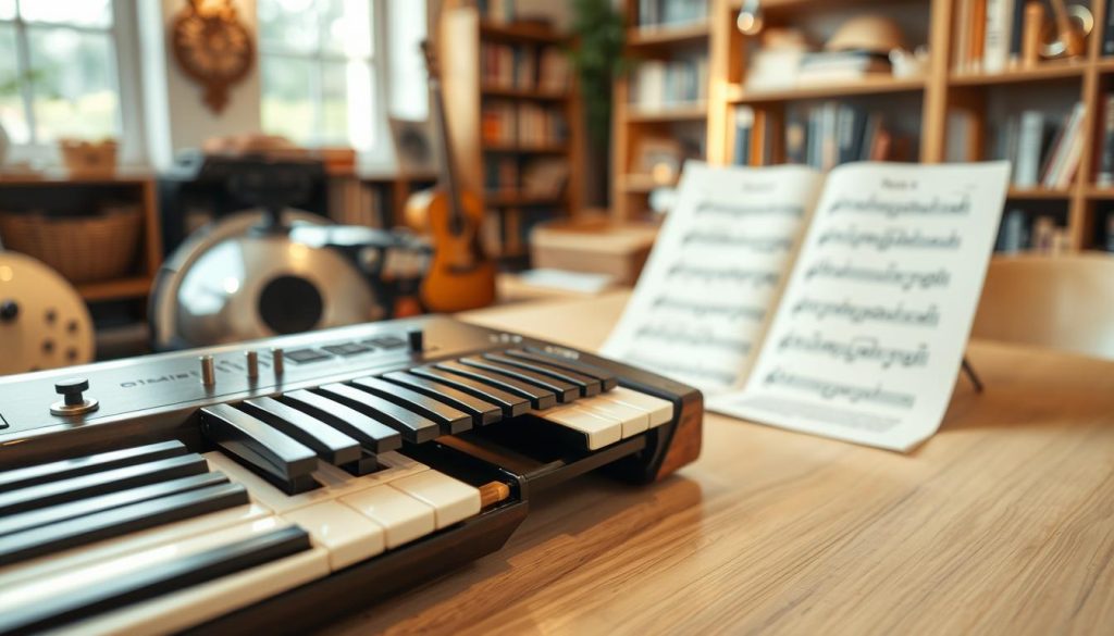 A close-up view of a bass melodica, showcasing its unique design and functionality. The foreground features the instrument resting on a light wooden table, with the highlighted keyboard and reed mechanism visible, capturing intricate details like the keys, mouthpiece, and the internal mechanics. In the middle ground, soft-focus sheet music lays open, illustrating how the instrument is played. The background features a softly blurred music studio environment, with warm ambient lighting and shelves filled with musical books and other instruments. The overall mood is inviting and educational, encouraging curiosity about the technical operation and handling of this rare instrument. The image should depict a tranquil atmosphere, with natural light streaming in, enhancing the beauty of the bass melodica. A close-up view of a bass melodica, showcasing its unique design and functionality. The foreground features the instrument resting on a light wooden table, with the highlighted keyboard and reed mechanism visible, capturing intricate details like the keys, mouthpiece, and the internal mechanics. In the middle ground, soft-focus sheet music lays open, illustrating how the instrument is played. The background features a softly blurred music studio environment, with warm ambient lighting and shelves filled with musical books and other instruments. The overall mood is inviting and educational, encouraging curiosity about the technical operation and handling of this rare instrument. The image should depict a tranquil atmosphere, with natural light streaming in, enhancing the beauty of the bass melodica.