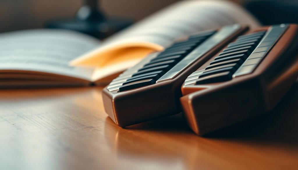 A close-up view of a beautifully crafted melodica, showcasing both its 32-key and 37-key versions side by side. The melodicas are positioned on a polished wooden surface with a soft, warm light illuminating the keys, highlighting their unique features and textures. In the background, a blurred music sheet can be seen, hinting at musical notation, enhancing the atmosphere of creativity and practice. The angle captures the melodicas from a slightly elevated perspective, allowing for a comprehensive view of the mouthpiece and keyboard. The overall mood is inviting and elegant, suitable for a music-focused setting, conveying the joy and depth of exploring different keyboard ranges in musical practice. A close-up view of a beautifully crafted melodica, showcasing both its 32-key and 37-key versions side by side. The melodicas are positioned on a polished wooden surface with a soft, warm light illuminating the keys, highlighting their unique features and textures. In the background, a blurred music sheet can be seen, hinting at musical notation, enhancing the atmosphere of creativity and practice. The angle captures the melodicas from a slightly elevated perspective, allowing for a comprehensive view of the mouthpiece and keyboard. The overall mood is inviting and elegant, suitable for a music-focused setting, conveying the joy and depth of exploring different keyboard ranges in musical practice.