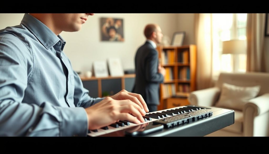 A professional musician, dressed in smart casual attire, demonstrates the correct posture and breathing technique while playing a melodica. In the foreground, the focus is on the musician's hands skillfully positioned on the melodica keyboard, showcasing the finger placement. The middle ground highlights the musician's relaxed posture, with straight back and deep breathing, conveying an atmosphere of concentration and mastery. Soft, natural lighting illuminates the scene, creating a warm ambiance. In the background, a cozy music room is visible, with shelves of musical scores and a soft armchair, evoking a sense of comfort in practice and learning. The image encapsulates serenity and focus, ideal for illustrating the essential skills of posture and breathing for melodica players. A professional musician, dressed in smart casual attire, demonstrates the correct posture and breathing technique while playing a melodica. In the foreground, the focus is on the musician's hands skillfully positioned on the melodica keyboard, showcasing the finger placement. The middle ground highlights the musician's relaxed posture, with straight back and deep breathing, conveying an atmosphere of concentration and mastery. Soft, natural lighting illuminates the scene, creating a warm ambiance. In the background, a cozy music room is visible, with shelves of musical scores and a soft armchair, evoking a sense of comfort in practice and learning. The image encapsulates serenity and focus, ideal for illustrating the essential skills of posture and breathing for melodica players.