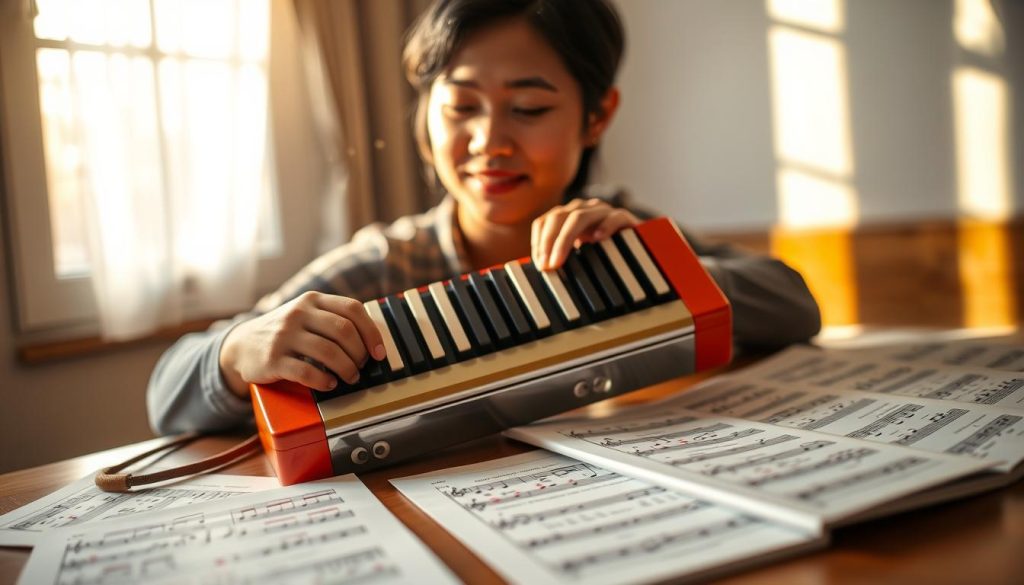 A serene, focused individual of Asian descent, seated at a wooden table, plays a melodica, their fingers dancing over the keys with grace and precision. In the foreground, a close-up of the melodica reveals its vibrant colors, showcasing the intricate design and craftsmanship. The musician's expression reflects concentration and joy, eyes closed in deep immersion into the music. In the middle ground, various sheet music sheets scattered on the table highlight different melodies to practice, each page displaying colorful notes and symbols, symbolizing the learning process. The background features a softly glowing window with sunlight streaming in, illuminating dust particles in the air, creating a warm and inviting atmosphere. The overall mood conveys tranquility and inspiration, emphasizing the connection between musical coordination and memory. A serene, focused individual of Asian descent, seated at a wooden table, plays a melodica, their fingers dancing over the keys with grace and precision. In the foreground, a close-up of the melodica reveals its vibrant colors, showcasing the intricate design and craftsmanship. The musician's expression reflects concentration and joy, eyes closed in deep immersion into the music. In the middle ground, various sheet music sheets scattered on the table highlight different melodies to practice, each page displaying colorful notes and symbols, symbolizing the learning process. The background features a softly glowing window with sunlight streaming in, illuminating dust particles in the air, creating a warm and inviting atmosphere. The overall mood conveys tranquility and inspiration, emphasizing the connection between musical coordination and memory.
