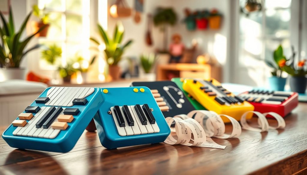 A vibrant and inviting scene showcasing a collection of colorful mélodicas arranged artfully on a wooden table. The foreground features two child-friendly mélodicas in bright blue and yellow, their keys glimmering under soft, warm lighting, inviting young musicians. In the middle ground, a few more mélodica variations in lively colors like red and green are artistically scattered, with playful sheet music sheets curling beside them. The background is softly blurred, depicting a cozy, sunlit room, filled with plants and musical notes hanging on the walls, conveying a joyful and inspiring atmosphere. The overall mood is cheerful and encouraging, perfect for young children embarking on their musical journey. A vibrant and inviting scene showcasing a collection of colorful mélodicas arranged artfully on a wooden table. The foreground features two child-friendly mélodicas in bright blue and yellow, their keys glimmering under soft, warm lighting, inviting young musicians. In the middle ground, a few more mélodica variations in lively colors like red and green are artistically scattered, with playful sheet music sheets curling beside them. The background is softly blurred, depicting a cozy, sunlit room, filled with plants and musical notes hanging on the walls, conveying a joyful and inspiring atmosphere. The overall mood is cheerful and encouraging, perfect for young children embarking on their musical journey.
