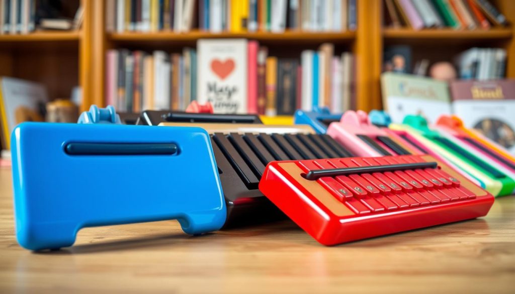 A vibrant display of various melodicas arranged artistically on a wooden surface, showcasing different colors and designs. In the foreground, focus on a bright blue melodica with a glossy finish, next to a bright red one with a matte texture. The middle section features a traditional black melodica with sleek lines, while the background subtly displays a collection of differently sized melodicas in pastel shades. Soft, warm lighting highlights the instruments, casting gentle shadows and enhancing their unique shapes. A blurred bookshelf filled with music books and educational materials creates a cozy atmosphere, emphasizing the connection between learning music and choosing the right instrument. The overall mood is inviting and informative, perfect for parents considering a melodica purchase for their child. A vibrant display of various melodicas arranged artistically on a wooden surface, showcasing different colors and designs. In the foreground, focus on a bright blue melodica with a glossy finish, next to a bright red one with a matte texture. The middle section features a traditional black melodica with sleek lines, while the background subtly displays a collection of differently sized melodicas in pastel shades. Soft, warm lighting highlights the instruments, casting gentle shadows and enhancing their unique shapes. A blurred bookshelf filled with music books and educational materials creates a cozy atmosphere, emphasizing the connection between learning music and choosing the right instrument. The overall mood is inviting and informative, perfect for parents considering a melodica purchase for their child.