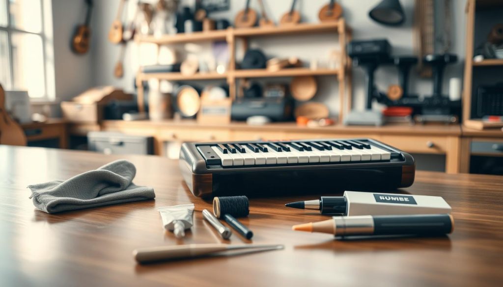 A beautifully arranged melodica placed prominently in the foreground on a polished wooden surface, with keys gleaming under soft, warm lighting. In the middle ground, a set of maintenance tools like a cleaning cloth, small brush, and lubricant, arranged neatly to suggest care and attention, creating a sense of organization. The background features a softly blurred workshop setting with shelves displaying various musical instruments and accessories, bathed in natural light filtering through a nearby window, enhancing the serene and focused atmosphere. The overall mood is one of professionalism and dedication to maintaining musical quality, inviting viewers to appreciate the art of instrument care. A beautifully arranged melodica placed prominently in the foreground on a polished wooden surface, with keys gleaming under soft, warm lighting. In the middle ground, a set of maintenance tools like a cleaning cloth, small brush, and lubricant, arranged neatly to suggest care and attention, creating a sense of organization. The background features a softly blurred workshop setting with shelves displaying various musical instruments and accessories, bathed in natural light filtering through a nearby window, enhancing the serene and focused atmosphere. The overall mood is one of professionalism and dedication to maintaining musical quality, inviting viewers to appreciate the art of instrument care.