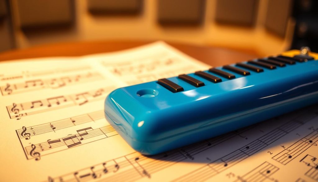 A close-up image of a colorful melodica resting on a sheet of music notation, showcasing various musical notes and symbols specifically composed for the instrument. The foreground focuses on the melodica, highlighting its glossy surface and bright colors like blue and yellow. The middle background features clear, readable sheet music with notes that correspond to melodica playing. Soft ambient lighting creates a warm and inviting atmosphere, emphasizing the instruments and music sheet details. In the background, a blurred glimpse of a cozy music room is visible, filled with acoustic panels and soft shadows. The overall mood is creative and inspiring, perfect for a melodica learning session. A close-up image of a colorful melodica resting on a sheet of music notation, showcasing various musical notes and symbols specifically composed for the instrument. The foreground focuses on the melodica, highlighting its glossy surface and bright colors like blue and yellow. The middle background features clear, readable sheet music with notes that correspond to melodica playing. Soft ambient lighting creates a warm and inviting atmosphere, emphasizing the instruments and music sheet details. In the background, a blurred glimpse of a cozy music room is visible, filled with acoustic panels and soft shadows. The overall mood is creative and inspiring, perfect for a melodica learning session.
