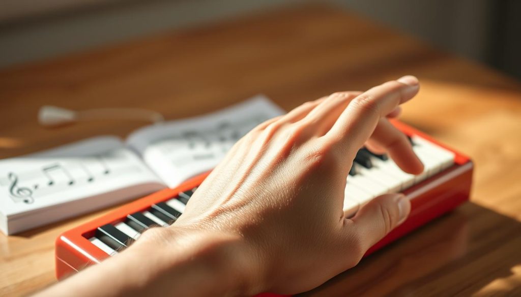 A close-up view of a left hand expertly positioned on a melodica, emphasizing the fingers gracefully placed over the keys. The hand is depicted in a natural, relaxed pose, showcasing precise finger placement for optimal playing technique. The background features soft, out-of-focus musical notes and a well-lit, blurred melodica set on a wooden table, adding warmth to the atmosphere. The lighting is bright but soft, casting gentle shadows to highlight the textures of the hand and the instrument. Use a shallow depth of field to draw attention to the hand while creating a dreamy, focused mood, inviting viewers to explore the mastery of playing the melodica. A close-up view of a left hand expertly positioned on a melodica, emphasizing the fingers gracefully placed over the keys. The hand is depicted in a natural, relaxed pose, showcasing precise finger placement for optimal playing technique. The background features soft, out-of-focus musical notes and a well-lit, blurred melodica set on a wooden table, adding warmth to the atmosphere. The lighting is bright but soft, casting gentle shadows to highlight the textures of the hand and the instrument. Use a shallow depth of field to draw attention to the hand while creating a dreamy, focused mood, inviting viewers to explore the mastery of playing the melodica.