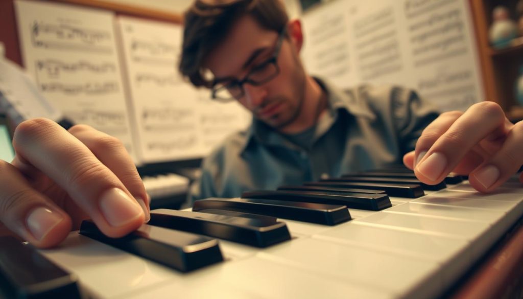 A close-up view of a melodica being played, emphasizing the fingers skillfully navigating the keys, showcasing smooth articulations. The foreground features polished keys, glistening under soft, warm lighting that highlights the texture and craftsmanship of the instrument. In the middle, a focused expression on a musician's face, dressed in casual yet professional attire, embodies concentration and rhythm as they play, illuminating the connection between the player's breath and the melodica’s sound. The background is softly blurred, suggesting a cozy practice room filled with musical notes and sheets, enhancing the atmosphere of dedication and creativity. The overall mood is inspiring and focused, inviting viewers into the world of music and articulation mastery. A close-up view of a melodica being played, emphasizing the fingers skillfully navigating the keys, showcasing smooth articulations. The foreground features polished keys, glistening under soft, warm lighting that highlights the texture and craftsmanship of the instrument. In the middle, a focused expression on a musician's face, dressed in casual yet professional attire, embodies concentration and rhythm as they play, illuminating the connection between the player's breath and the melodica’s sound. The background is softly blurred, suggesting a cozy practice room filled with musical notes and sheets, enhancing the atmosphere of dedication and creativity. The overall mood is inspiring and focused, inviting viewers into the world of music and articulation mastery.