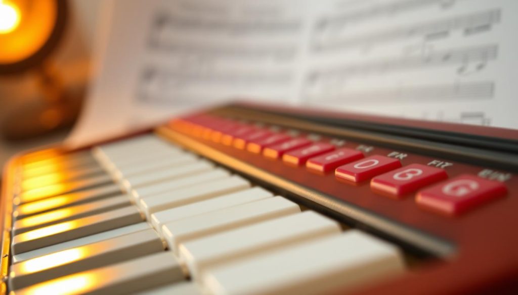 A close-up view of a melodica keyboard, intricately designed with vibrant colored keys showcasing the musical note layout. In the foreground, the keyboard is seen from a slight angle, enabling the viewer to observe the unique arrangement of both white and black keys, highlighting the positioning of the notes F, C, D, and G. In the middle ground, a soft focus blur captures the texture of the melodica body, while a gently illuminated light source from the left bathes the scene in a warm glow, creating depth and inviting warmth. The background features a blurred, softly colored music sheet, hinting at learning and practice, enhancing a calm and focused atmosphere for aspiring musicians. The overall mood conveys a sense of discovery and musical exploration. A close-up view of a melodica keyboard, intricately designed with vibrant colored keys showcasing the musical note layout. In the foreground, the keyboard is seen from a slight angle, enabling the viewer to observe the unique arrangement of both white and black keys, highlighting the positioning of the notes F, C, D, and G. In the middle ground, a soft focus blur captures the texture of the melodica body, while a gently illuminated light source from the left bathes the scene in a warm glow, creating depth and inviting warmth. The background features a blurred, softly colored music sheet, hinting at learning and practice, enhancing a calm and focused atmosphere for aspiring musicians. The overall mood conveys a sense of discovery and musical exploration.