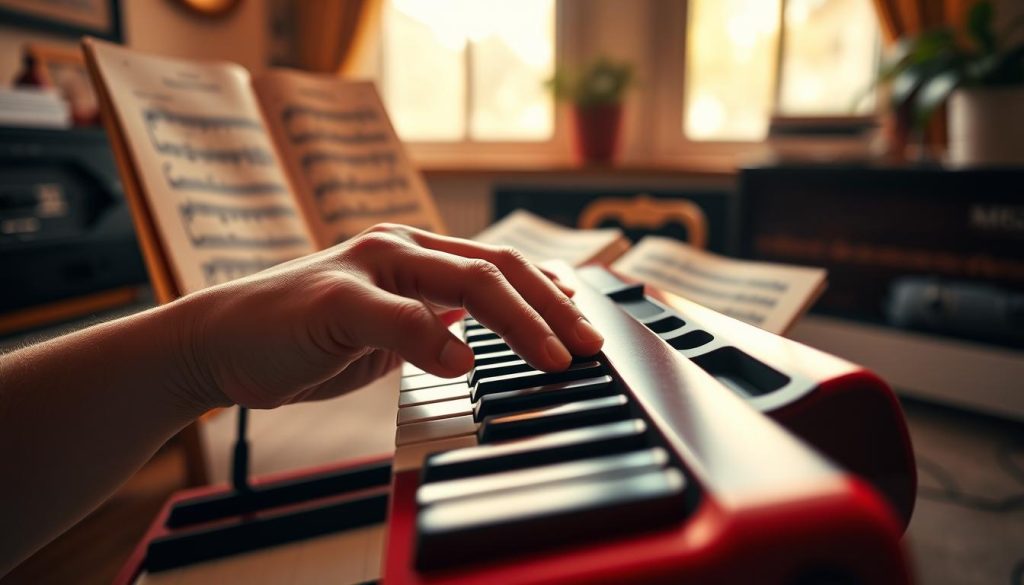 A close-up view of a right hand expertly holding a melodica. The hand is gracefully poised over the keyboard, fingers positioned to play, showcasing a relaxed yet attentive grip. The foreground is filled with the intricate details of the melodica, highlighting its smooth, glossy finish and colorful keys. In the middle ground, the hand is centered, demonstrating the correct posture for playing, with a soft focus on the wrist and finger alignment. The background features a blurred musical score and a subtle ambiance of a cozy music room, illuminated by warm, natural light that filters in from a nearby window, casting gentle shadows. The atmosphere conveys focus and passion for music, inviting viewers to embrace the art of melodica playing. A close-up view of a right hand expertly holding a melodica. The hand is gracefully poised over the keyboard, fingers positioned to play, showcasing a relaxed yet attentive grip. The foreground is filled with the intricate details of the melodica, highlighting its smooth, glossy finish and colorful keys. In the middle ground, the hand is centered, demonstrating the correct posture for playing, with a soft focus on the wrist and finger alignment. The background features a blurred musical score and a subtle ambiance of a cozy music room, illuminated by warm, natural light that filters in from a nearby window, casting gentle shadows. The atmosphere conveys focus and passion for music, inviting viewers to embrace the art of melodica playing.