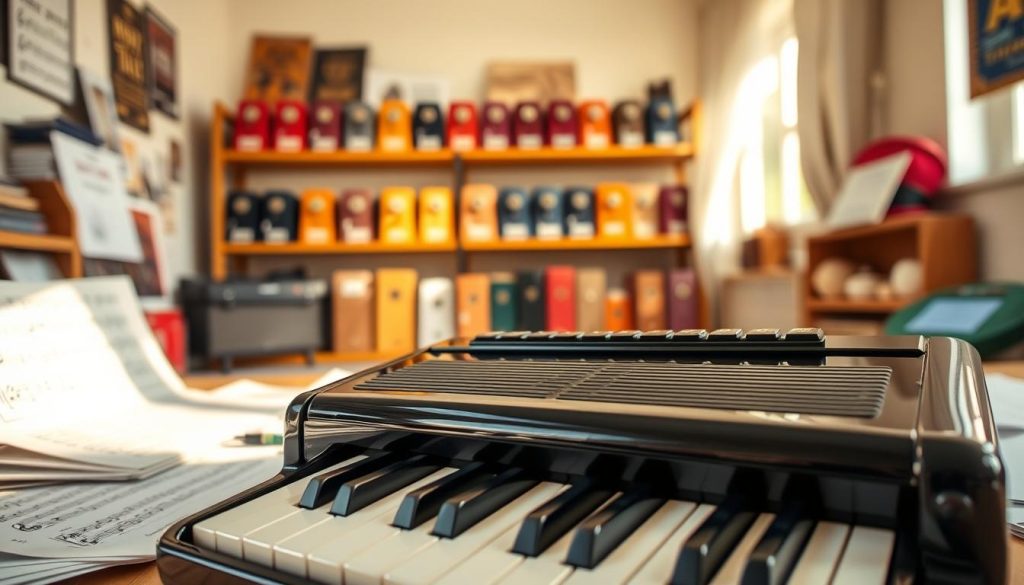 A stylish melodia with a glossy finish, prominently placed in the foreground, surrounded by a variety of music sheets and instructional materials. In the middle ground, a cozy, well-lit music room featuring a shelf filled with different sizes of melodicas, each labeled for easy identification. The background shows a warm, inviting interior with soft natural light streaming through a window, casting gentle shadows. The overall atmosphere is inspiring and educational, encouraging readers to explore their musical journey. Capture a focused angle that highlights the melodica's keys and details, ensuring the lighting accentuates its sleek design and vibrant colors. A stylish melodia with a glossy finish, prominently placed in the foreground, surrounded by a variety of music sheets and instructional materials. In the middle ground, a cozy, well-lit music room featuring a shelf filled with different sizes of melodicas, each labeled for easy identification. The background shows a warm, inviting interior with soft natural light streaming through a window, casting gentle shadows. The overall atmosphere is inspiring and educational, encouraging readers to explore their musical journey. Capture a focused angle that highlights the melodica's keys and details, ensuring the lighting accentuates its sleek design and vibrant colors.