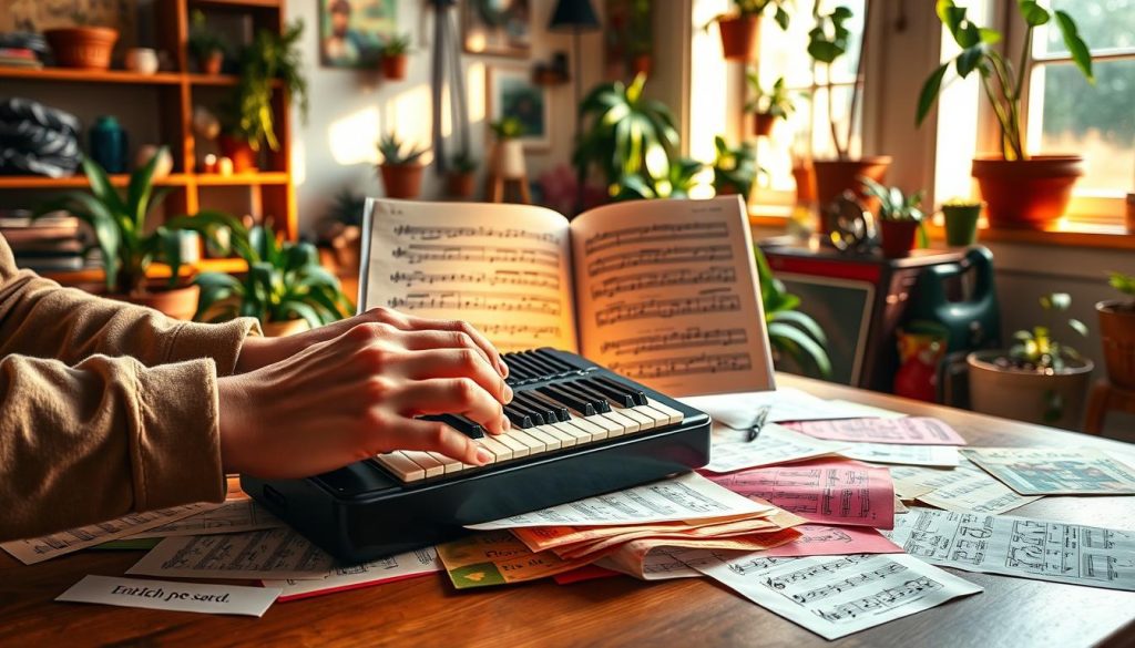 A vibrant scene depicting a melodica resting on a wooden table, surrounded by colorful sheet music scattered artistically. In the foreground, a pair of hands, clad in casual yet modest clothing, plays the instrument with focused concentration. The middle layer features a softly illuminated music stand, showcasing a variety of musical genres—jazz, classical, and folk—illustrated on the sheets. In the background, a cozy room filled with plants and musical paraphernalia, creating an inviting atmosphere that inspires creativity. Warm, natural lighting filters through a nearby window, casting gentle shadows and adding depth. The overall mood is one of inspiration and progress, capturing the essence of enriching one’s musical repertoire. A vibrant scene depicting a melodica resting on a wooden table, surrounded by colorful sheet music scattered artistically. In the foreground, a pair of hands, clad in casual yet modest clothing, plays the instrument with focused concentration. The middle layer features a softly illuminated music stand, showcasing a variety of musical genres—jazz, classical, and folk—illustrated on the sheets. In the background, a cozy room filled with plants and musical paraphernalia, creating an inviting atmosphere that inspires creativity. Warm, natural lighting filters through a nearby window, casting gentle shadows and adding depth. The overall mood is one of inspiration and progress, capturing the essence of enriching one’s musical repertoire.