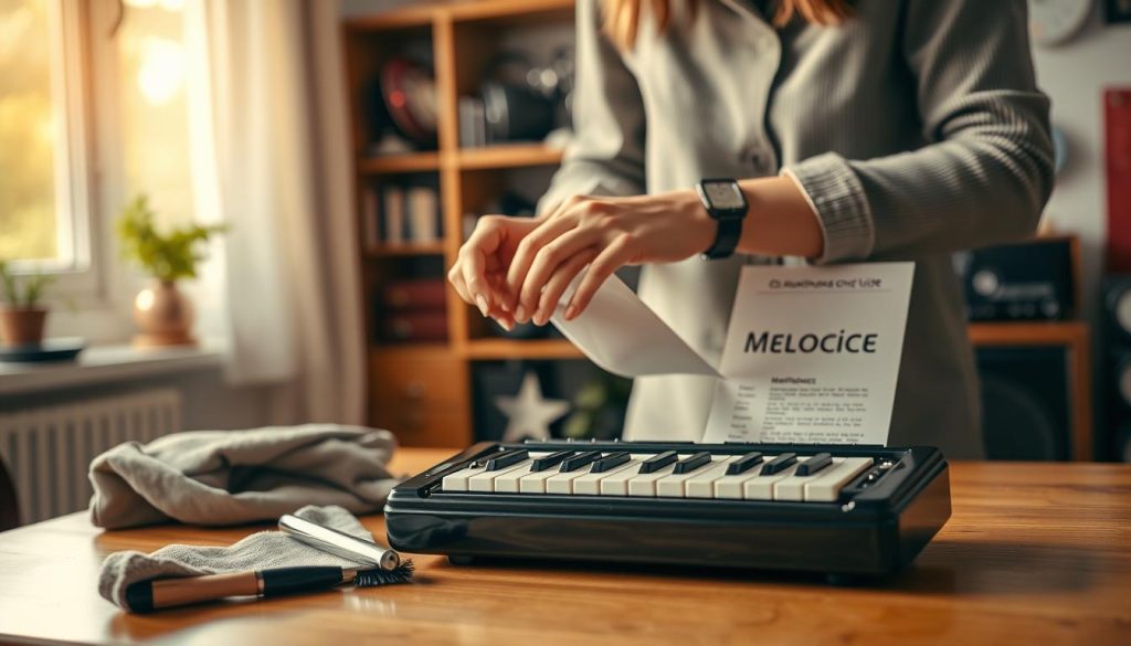 A well-lit workspace dedicated to melodica maintenance, featuring a polished melodica on a wooden table in the foreground. The melodica is opened, showing its keys and internal components, surrounded by cleaning tools like a soft cloth, brushes, and a maintenance guide. In the middle ground, a pair of hands wearing professional, modest casual clothing carefully cleaning the instrument, showcasing an engaged, diligent approach to maintenance. In the background, a shelf lined with musical accessories, soft focus, creating a cozy, inviting atmosphere. Warm, natural lighting streams in from a nearby window, giving a sense of comfort and dedication to the craft of music. The mood is one of focus and care, emphasizing the importance of regular instrument upkeep. A well-lit workspace dedicated to melodica maintenance, featuring a polished melodica on a wooden table in the foreground. The melodica is opened, showing its keys and internal components, surrounded by cleaning tools like a soft cloth, brushes, and a maintenance guide. In the middle ground, a pair of hands wearing professional, modest casual clothing carefully cleaning the instrument, showcasing an engaged, diligent approach to maintenance. In the background, a shelf lined with musical accessories, soft focus, creating a cozy, inviting atmosphere. Warm, natural lighting streams in from a nearby window, giving a sense of comfort and dedication to the craft of music. The mood is one of focus and care, emphasizing the importance of regular instrument upkeep.